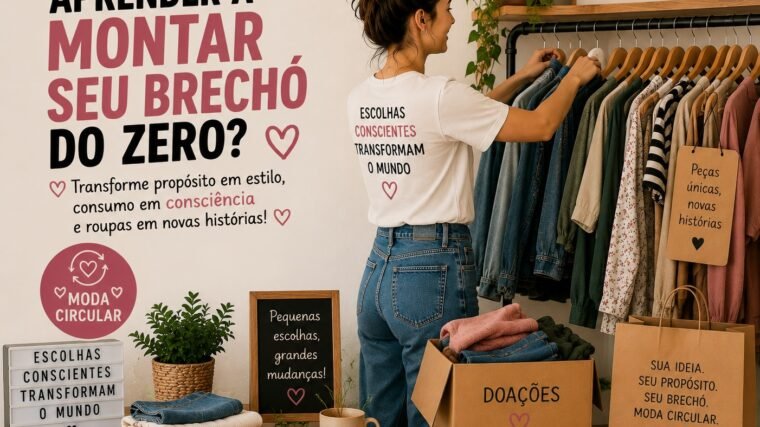 Desenho de uma mulher arrumando uma arara de roupas num brechó, com o texto: Quer aprender a montar seu brechó do zero?