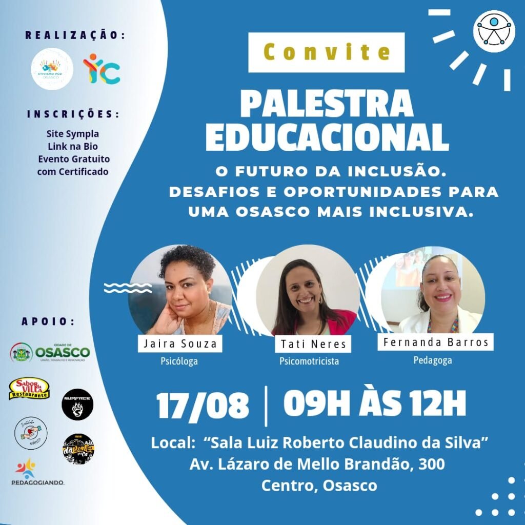 banner fundo azul com o tema do evento, foto das 3 palestrantes Jaira, Tati e da Fernanda. Do lado esqueredo tem os logos das organizadoras e no rodapé os logos dos apoiadores.