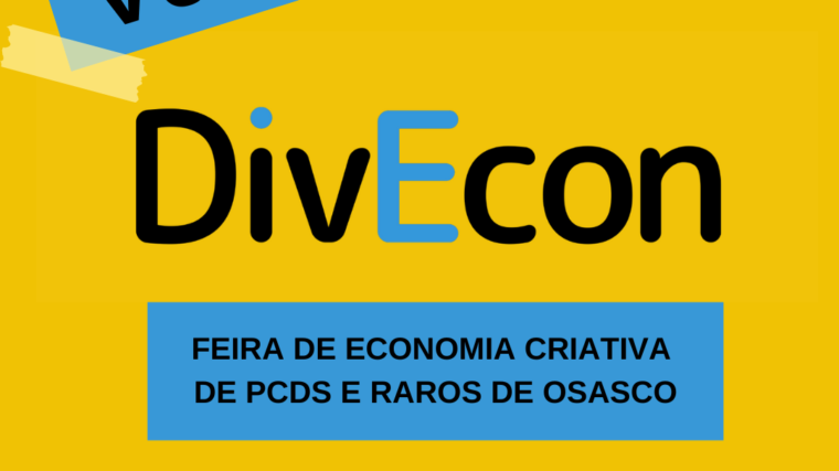 banner de fundo amarelo com o texto em preto: Vem aí Divecon feira de economia criativa de Pcds e raros de osasco. No rodapé os logos da produção, apoio e logos da lei paulo gustavo.