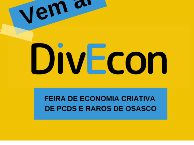 Banner laranja com o texto Vema í Divecon feira de economia criativa de pcds e raros de osasco. NO rodapé os logos das produtoras, apoiadores e logos da lei paulo gustavo.