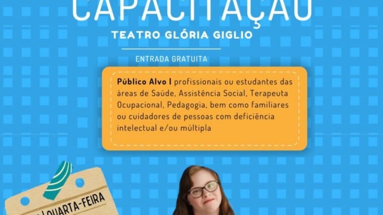 Banner com fundo quadriculado azul. Texto sobre a capacitação e o público alvo. Centralizado uma mulher branca com síndrome de down. Logos da Tudo sobre inclusão consultoria, do Ciam e do apoio prefeitura de osasco.