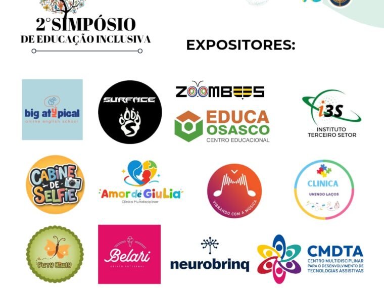 Banner com os dados do evento, logos da organização no topo a direita. Texto em preto: Expositores e doze logos dos expositores do evento.