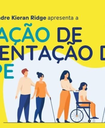 Banner amarelo com os dados sobre o evento 19 GAPE de Taboão da Serra. Um desenho com 7 pessoas com deficiência ilustram o folder do evento. No rodapé a data 23 de agosto, horario das 14h as 17, endereço.