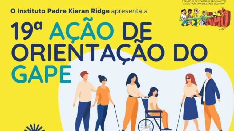 Banner amarelo com os dados sobre o evento 19 GAPE de Taboão da Serra. Um desenho com 7 pessoas com deficiência ilustram o folder do evento. No rodapé a data 23 de agosto, horario das 14h as 17, endereço.