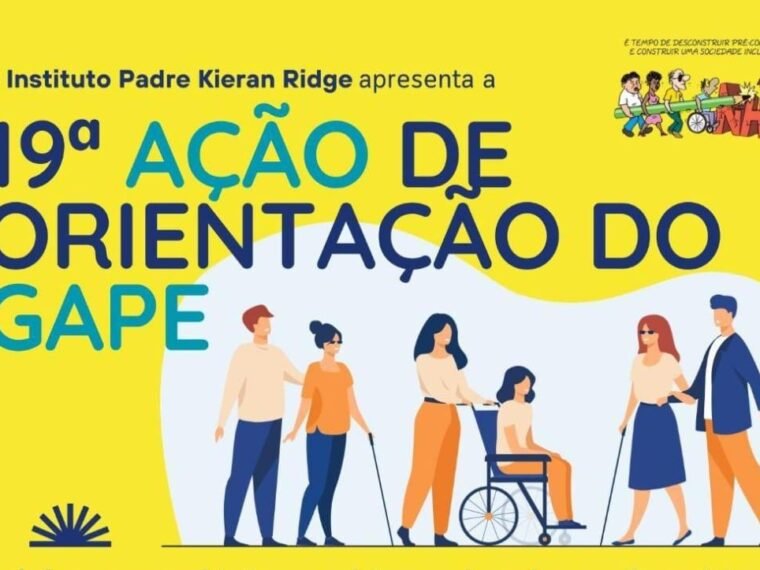 Banner amarelo com os dados sobre o evento 19 GAPE de Taboão da Serra. Um desenho com 7 pessoas com deficiência ilustram o folder do evento. No rodapé a data 23 de agosto, horario das 14h as 17, endereço.