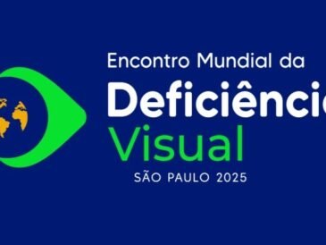 banner fundo azul escuro com o titulo do evento e do lado esquerdo um logo de um desenho de um olho que reflete outros continentes do mapa mundial