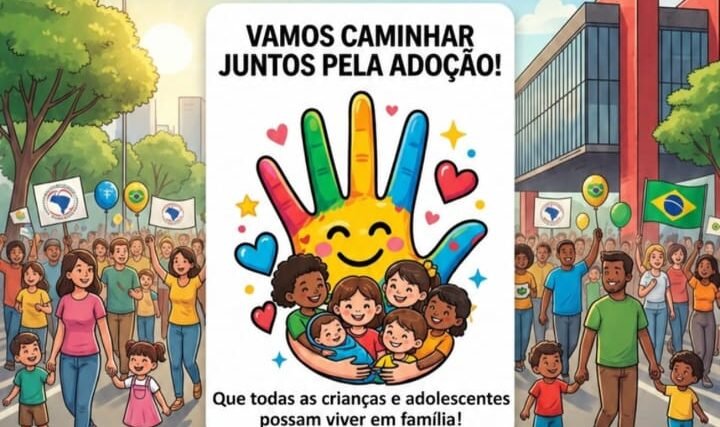 Card Caminhada Adoção de Crianças e Adolescentes dia 24 de Maio de 2026 com concentração no MASP as 9horas e caminhada até a Gazeta.
