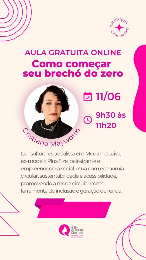 Card fundo rosado, detalhes rosa com o texto acima. No centro, foto de perfil da Cristiane, mulher branca, cabelos ruivos curtos de camisa preta. Logo da OSC Bem Querer Mulher.