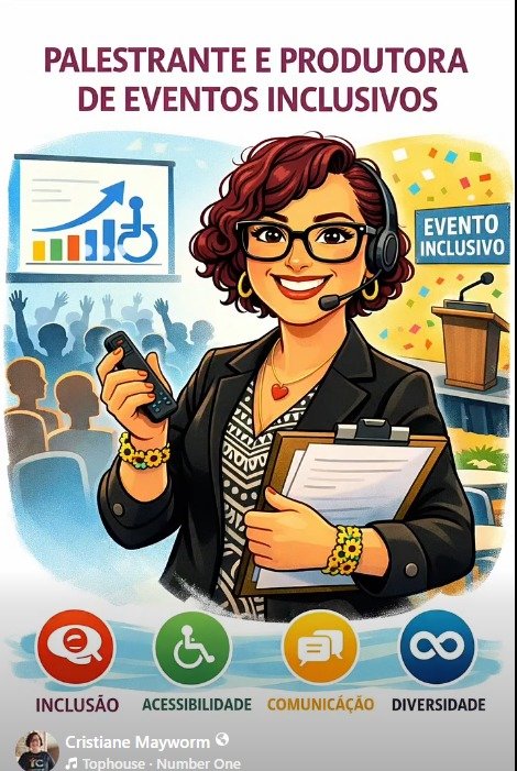 Card em desenho com o titulo Palestrante e produtora de eventos inclusivos. Desenho da Cristiane usando fone, óculos de grau, em um ambiente de eventos. No rodapé as palavras e desenhos para Inclusao, Acessibilidade, Comunicação e Diversidade.