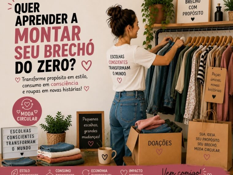 card com desenho de uma mulher arrumando uma arara de roupas num brecho e o texto: Quer aprender a montar seu brechó do zero?